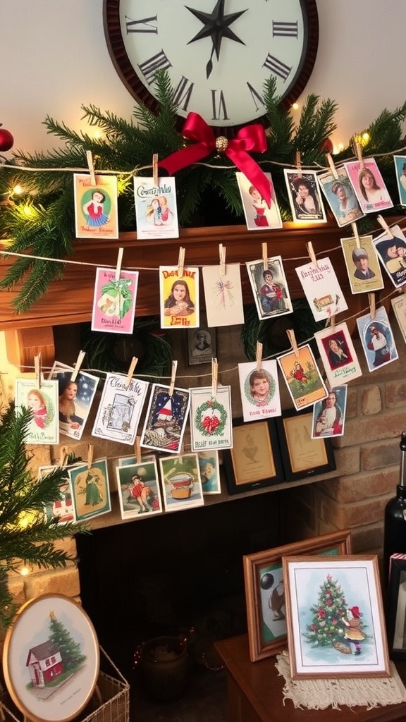 Creative Vintage Christmas Card Display Ideas Vintage Christmas cards displayed on twine with clothespins on a rustic mantel, surrounded by holiday decorations.